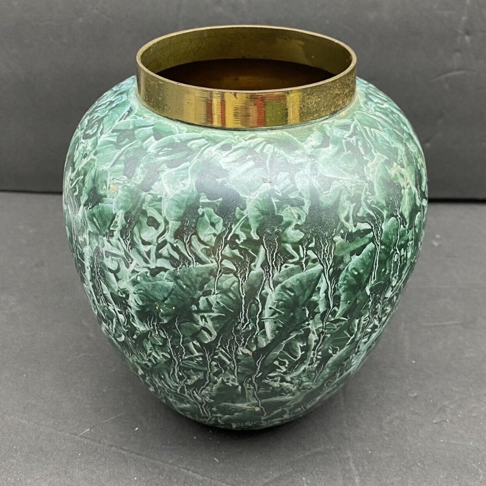 Vintage Brass Vase Green Marbled‎ Abstract Finish Smooth India Boho Artsy 90s